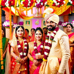 A vibrant and colorful Hindu wedding ceremony, showcasing the bride and groom in traditional attire