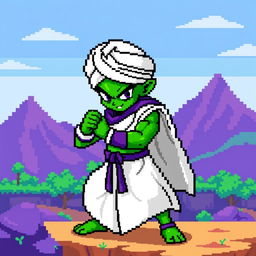 A pixel art illustration of Piccolo, the iconic green skinned Namekian warrior from the Dragon Ball series, depicted in his classic fighting stance