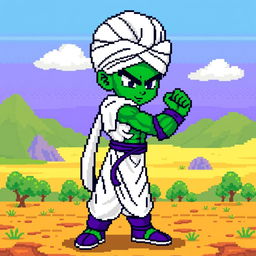 A pixel art illustration of Piccolo, the iconic green skinned Namekian warrior from the Dragon Ball series, depicted in his classic fighting stance