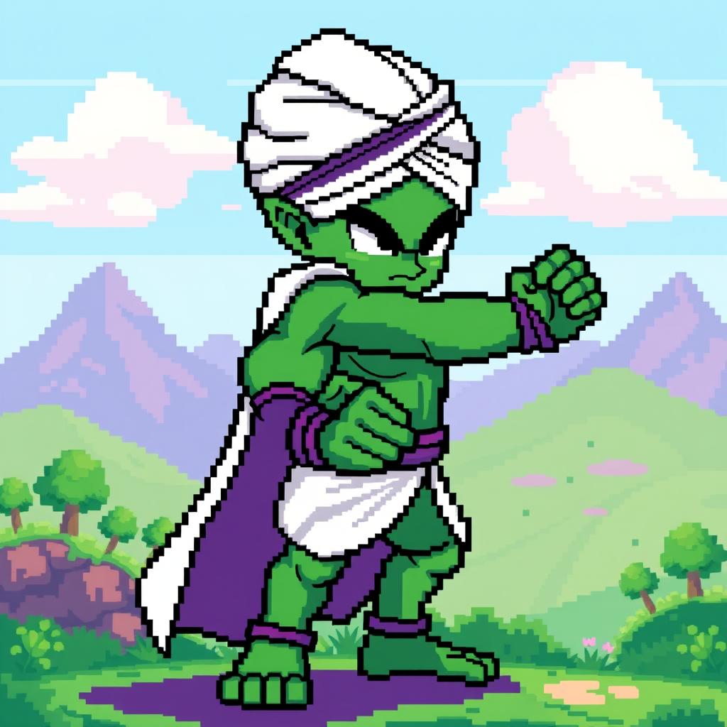 A pixel art illustration of Piccolo, the iconic green skinned Namekian warrior from the Dragon Ball series, depicted in his classic fighting stance