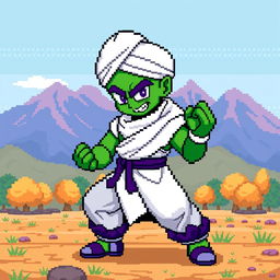 A pixel art illustration of Piccolo, the iconic green skinned Namekian warrior from the Dragon Ball series, depicted in his classic fighting stance