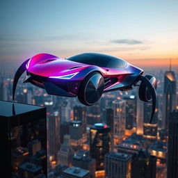 A sleek and futuristic car with spider-like legs, featuring a mesmerizing mix of red, purple, and blue colors that blend seamlessly across its body