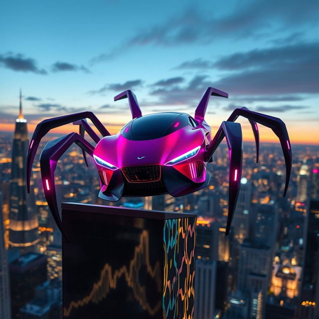 A sleek and futuristic car with spider-like legs, featuring a mesmerizing mix of red, purple, and blue colors that blend seamlessly across its body