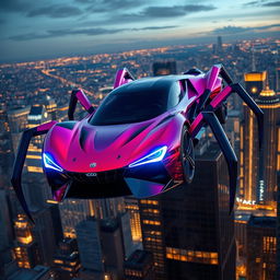 A sleek and futuristic car with spider-like legs, featuring a mesmerizing mix of red, purple, and blue colors that blend seamlessly across its body