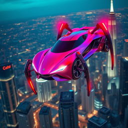 A sleek and futuristic car with spider-like legs, featuring a mesmerizing mix of red, purple, and blue colors that blend seamlessly across its body