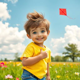 A youthful boy with a cheerful expression, wearing a bright yellow t-shirt and denim shorts, playing outside in a sunny park filled with vibrant green grass and colorful flowers