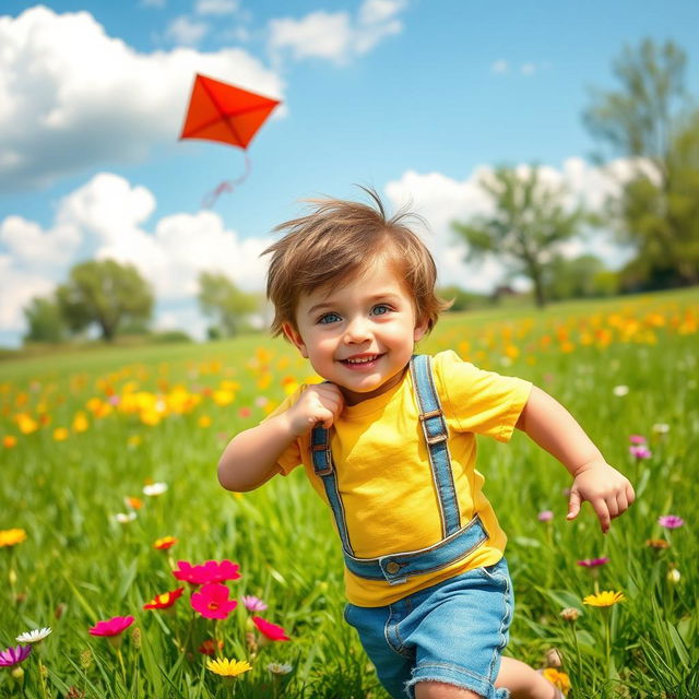 A youthful boy with a cheerful expression, wearing a bright yellow t-shirt and denim shorts, playing outside in a sunny park filled with vibrant green grass and colorful flowers