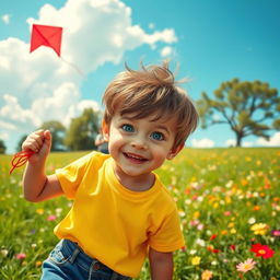 A youthful boy with a cheerful expression, wearing a bright yellow t-shirt and denim shorts, playing outside in a sunny park filled with vibrant green grass and colorful flowers