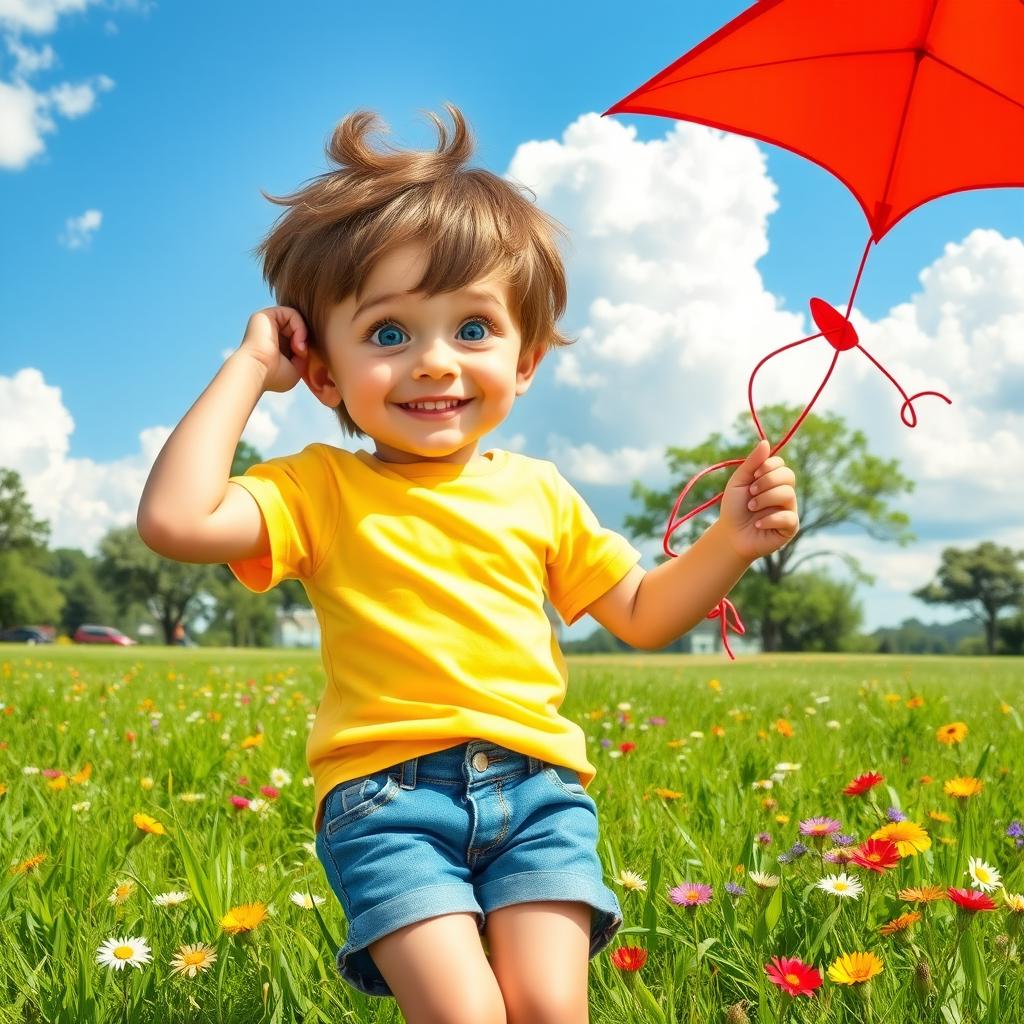 A youthful boy with a cheerful expression, wearing a bright yellow t-shirt and denim shorts, playing outside in a sunny park filled with vibrant green grass and colorful flowers