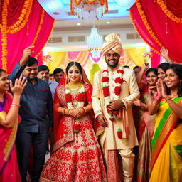 A vibrant Indian wedding scene, showcasing a bride and groom dressed in traditional attire