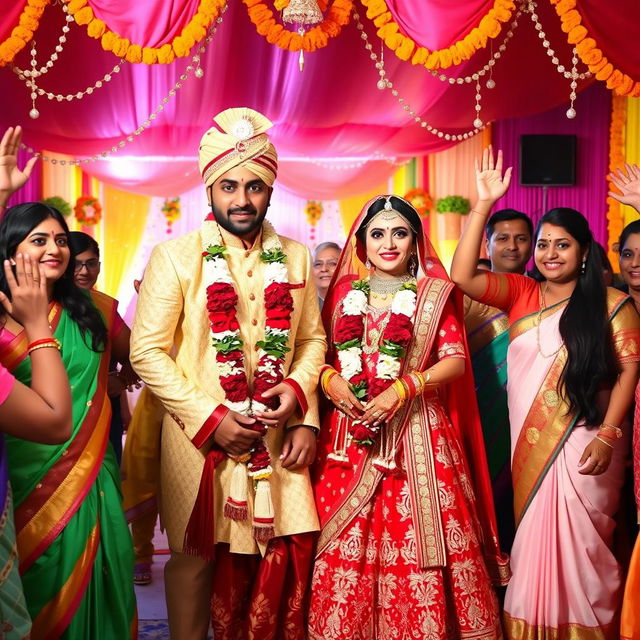 A vibrant Indian wedding scene, showcasing a bride and groom dressed in traditional attire