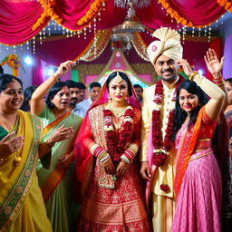 A vibrant Indian wedding scene, showcasing a bride and groom dressed in traditional attire