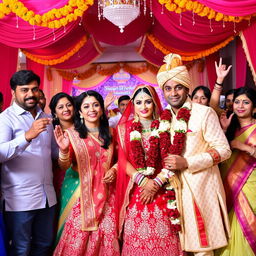 A vibrant Indian wedding scene, showcasing a bride and groom dressed in traditional attire