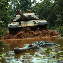 A heavily armored military tank rolling forward through a muddy swamp, creating splashes of mud as it moves