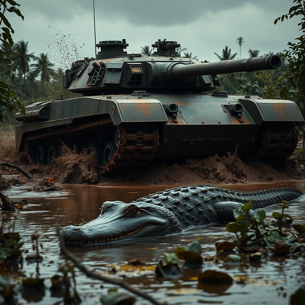 A heavily armored military tank rolling forward through a muddy swamp, creating splashes of mud as it moves