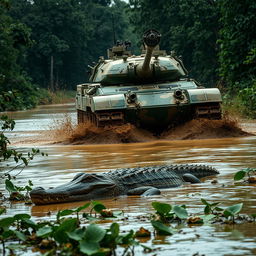A heavily armored military tank rolling forward through a muddy swamp, creating splashes of mud as it moves