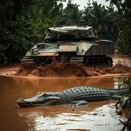 A heavily armored military tank rolling forward through a muddy swamp, creating splashes of mud as it moves