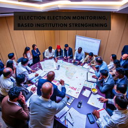 A strategic representation of election monitoring based on institutional strengthening, showcasing a diverse group of people engaging in discussions, analyzing data, and using technology for election oversight