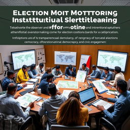 A strategic representation of election monitoring based on institutional strengthening, showcasing a diverse group of people engaging in discussions, analyzing data, and using technology for election oversight