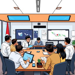 A strategic representation of election monitoring in Indonesia based on institutional strengthening, illustrating a detailed scene with a diverse group of Indonesian officials and international observers working together in a modern office space