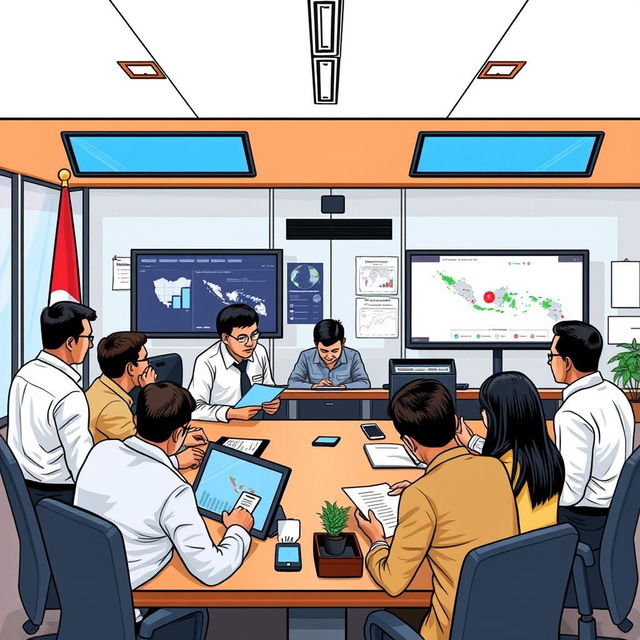 A strategic representation of election monitoring in Indonesia based on institutional strengthening, illustrating a detailed scene with a diverse group of Indonesian officials and international observers working together in a modern office space