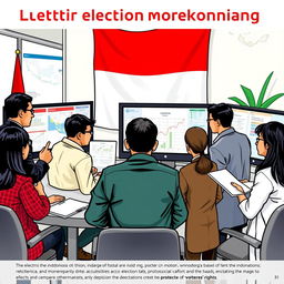A strategic representation of election monitoring in Indonesia based on institutional strengthening, illustrating a detailed scene with a diverse group of Indonesian officials and international observers working together in a modern office space