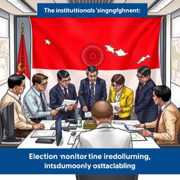 A strategic representation of election monitoring in Indonesia based on institutional strengthening, illustrating a detailed scene with a diverse group of Indonesian officials and international observers working together in a modern office space