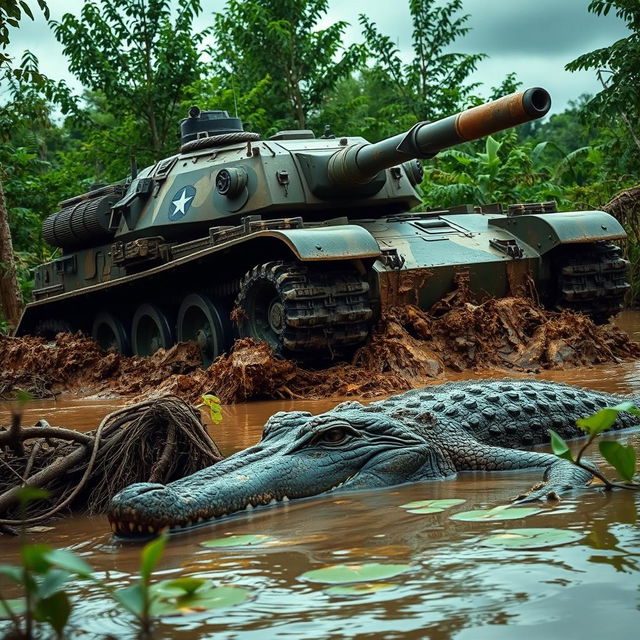 A heavily armored military tank advancing through a muddy swamp, with thick treads churning up water and mud