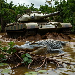 A heavily armored military tank advancing through a muddy swamp, with thick treads churning up water and mud