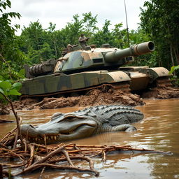 A heavily armored military tank advancing through a muddy swamp, with thick treads churning up water and mud