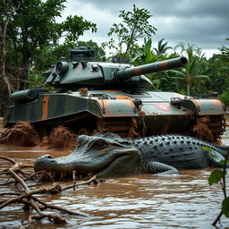 A heavily armored military tank advancing through a muddy swamp, with thick treads churning up water and mud