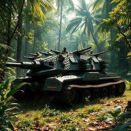 A heavily armored tank designed to resemble a crocodile, featuring detailed scales covering its body and multiple defensive turrets positioned along its back