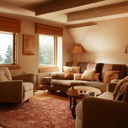 Small, cozy living room with warm lighting and tastefully arranged furniture, reflecting both comfort and style.