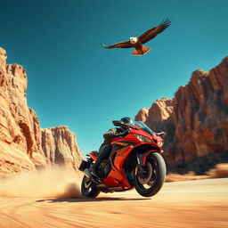 A dynamic scene featuring a speeding motorcycle racing through a rugged canyon, with majestic rock formations on either side