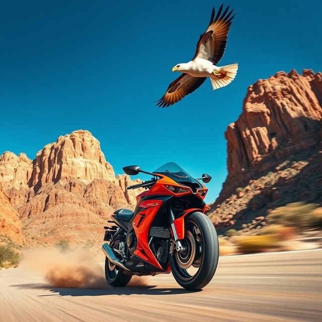 A dynamic scene featuring a speeding motorcycle racing through a rugged canyon, with majestic rock formations on either side