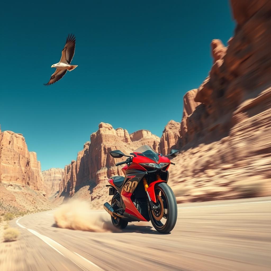 A dynamic scene featuring a speeding motorcycle racing through a rugged canyon, with majestic rock formations on either side