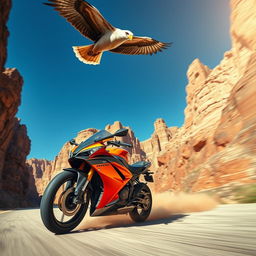 A dynamic scene featuring a speeding motorcycle racing through a rugged canyon, with majestic rock formations on either side