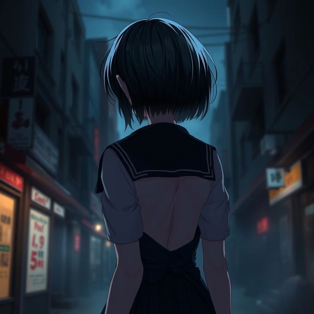 A gothic anime girl with short hair, wearing a school uniform, viewed from behind