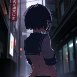 A gothic anime girl with short hair, wearing a school uniform, viewed from behind