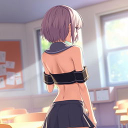 An anime girl with short hair in a semi-naked school uniform, depicted from behind