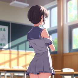 An anime girl with short hair in a semi-naked school uniform, depicted from behind