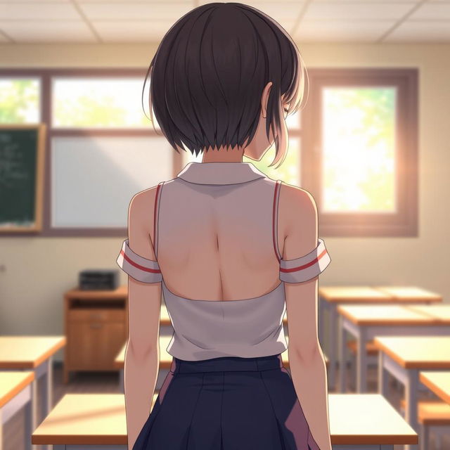 An anime girl with short hair in a semi-naked school uniform, depicted from behind