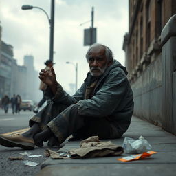 A somber scene depicting a poor man sitting on a city sidewalk, his worn and ragged clothes hinting at a life of hardship