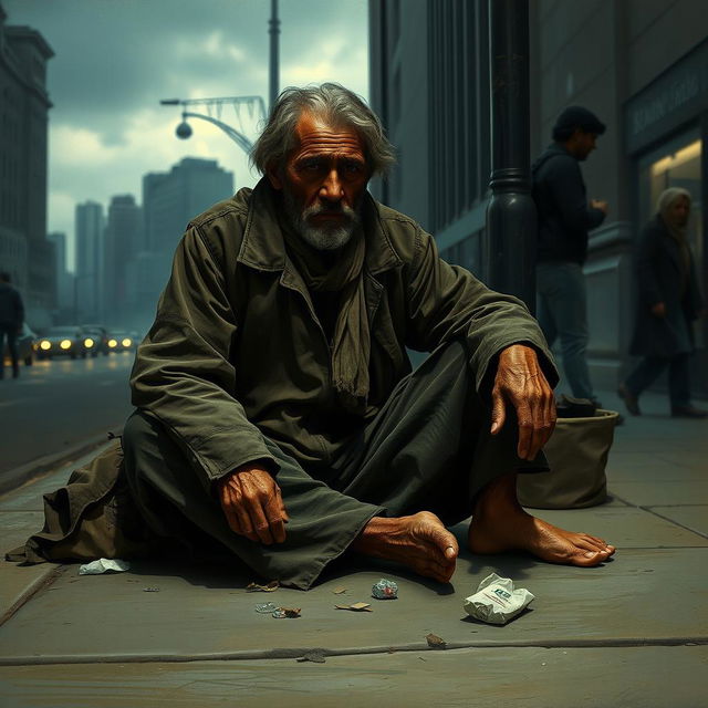 A somber scene depicting a poor man sitting on a city sidewalk, his worn and ragged clothes hinting at a life of hardship