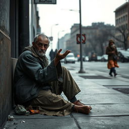 A somber scene depicting a poor man sitting on a city sidewalk, his worn and ragged clothes hinting at a life of hardship