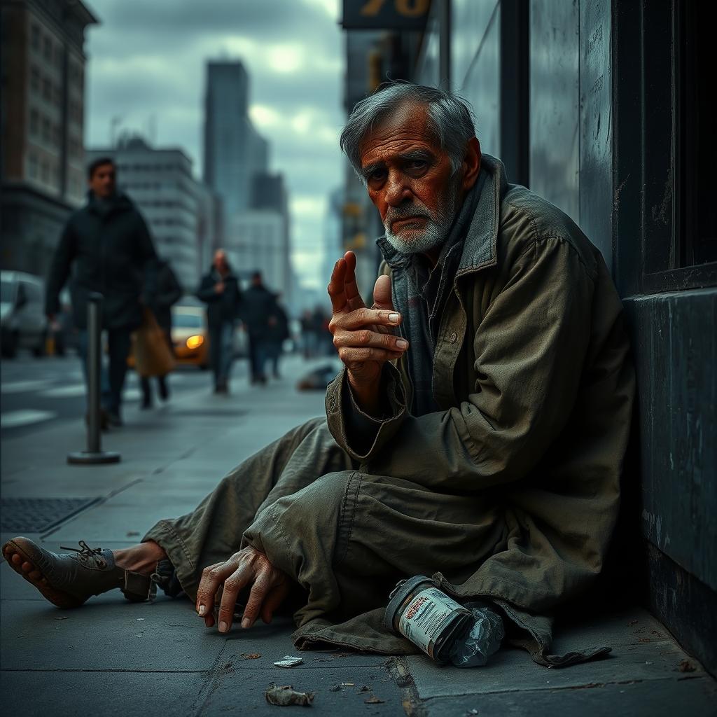 A somber scene depicting a poor man sitting on a city sidewalk, his worn and ragged clothes hinting at a life of hardship