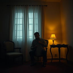 A cinematic scene inspired by an emotional Persian song, featuring a man sitting alone in a dimly lit room, holding a shirt close to him as if embracing a memory