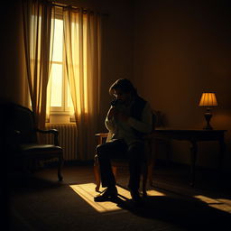 A cinematic scene inspired by an emotional Persian song, featuring a man sitting alone in a dimly lit room, holding a shirt close to him as if embracing a memory