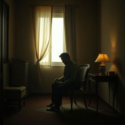 A cinematic scene inspired by an emotional Persian song, featuring a man sitting alone in a dimly lit room, holding a shirt close to him as if embracing a memory