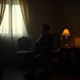 A cinematic scene inspired by an emotional Persian song, featuring a man sitting alone in a dimly lit room, holding a shirt close to him as if embracing a memory